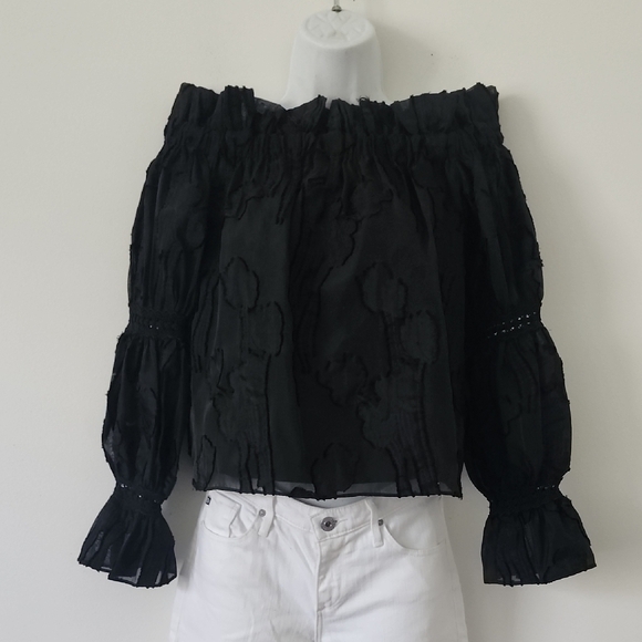 Alexis Raza Off Shoulder diaphanous organza Black top Size Small - Picture 4 of 16